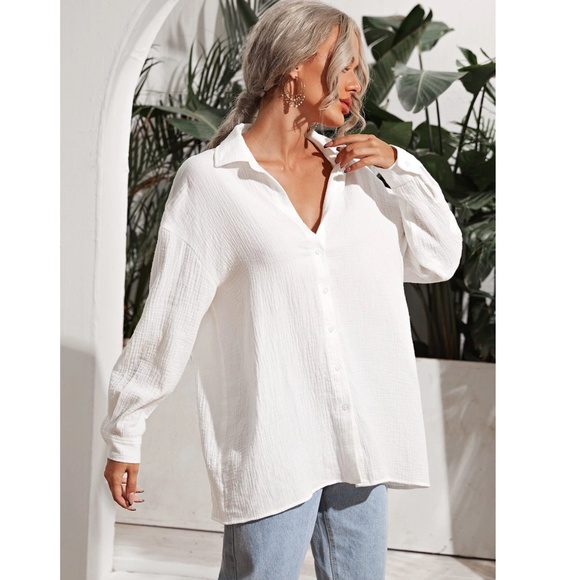 Cotton White Casual Shirt Button Down Up Long Sleeve - Picture 10 of 13